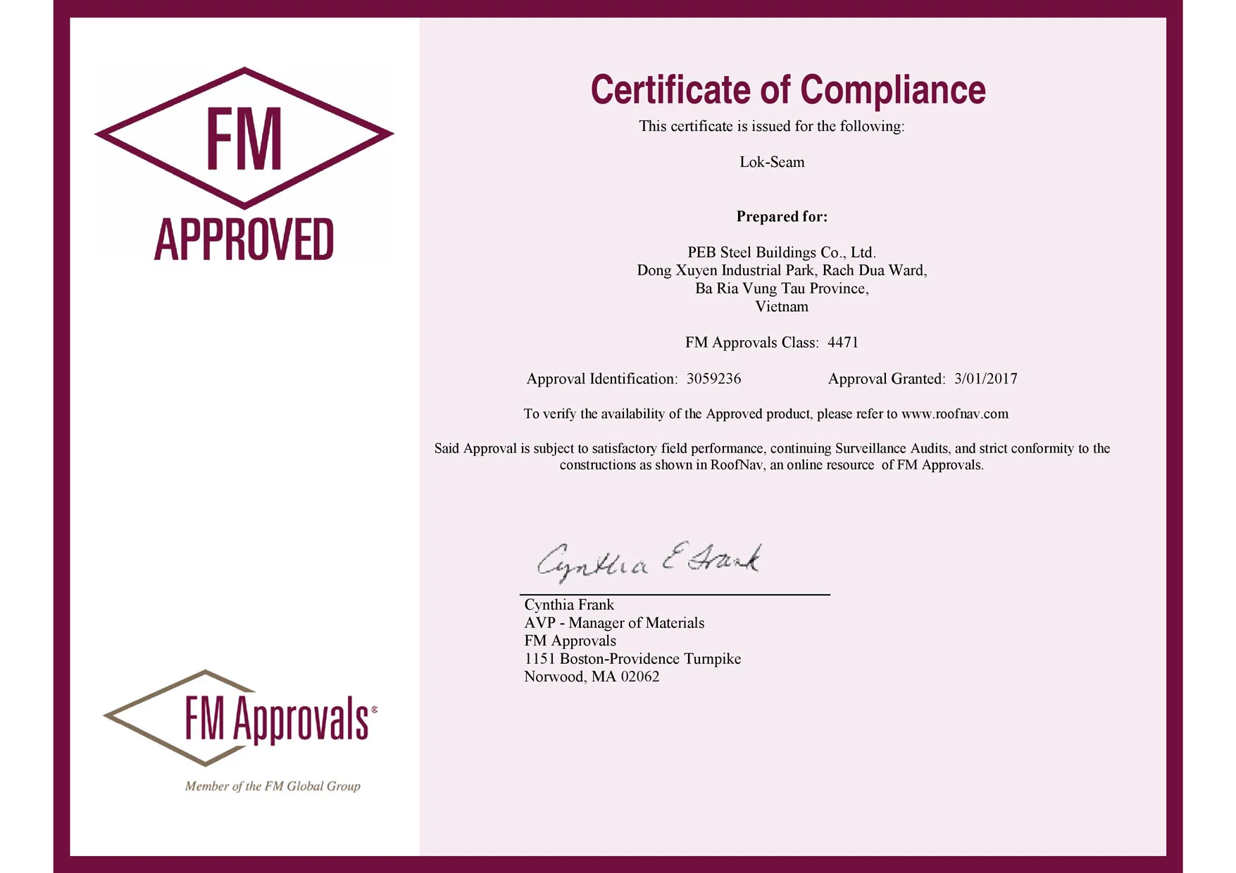 FM Approved Certificate - Certificate of Compliance for LokSeam® panel by Pebsteel